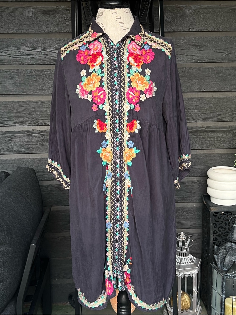 Johnny Was Colorful Floral Embroidered Dress M